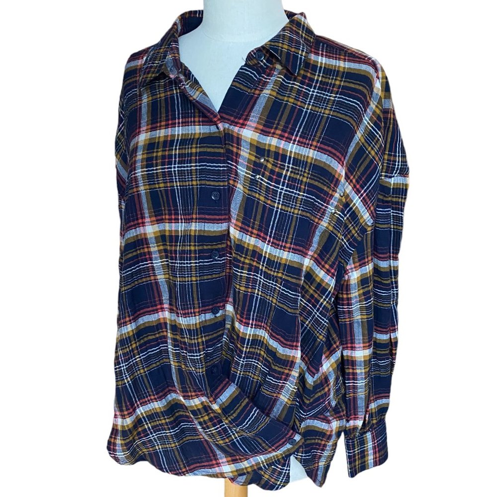 Lagenlook Plaid Faux Wrap Crossover Shirt Western Cowgirl Asymmetric Ranch-XL